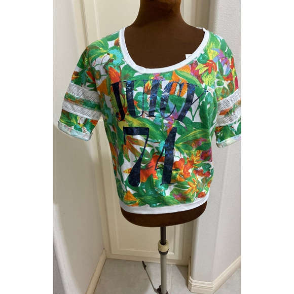 Juicy Couture Green Tropical Floral Print Top Sz Small Large Logo - Picture 1 of 7